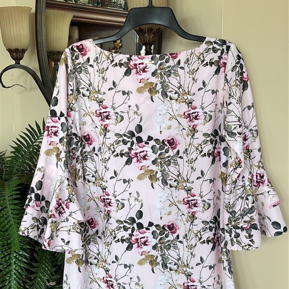 NWOT Femina Flaunt Pale Pink Floral Shift Dress 3/4 Ruffle Sleeves Boat Neck - Picture 11 of 15